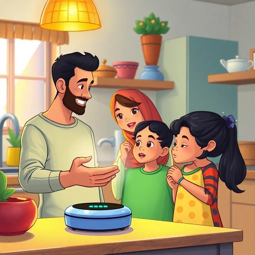 A family in their cozy kitchen, using a smart AI device, with Ahmed explaining to Layla and Sami, reflecting curiosity and wonder on their faces, colorful and cheerful kitchen, warm light, family bonding, illustration, vibrant colors, engaging scene