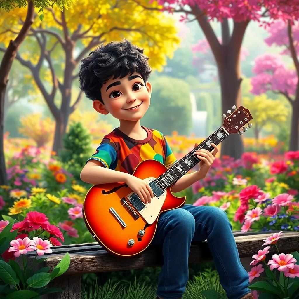 A young boy, Sami, with short curly hair, wearing a colorful t-shirt and jeans, sitting on a bench in a vibrant garden filled with trees and flowers, holding a beautiful guitar, digital art, bright colors, cheerful atmosphere, high quality