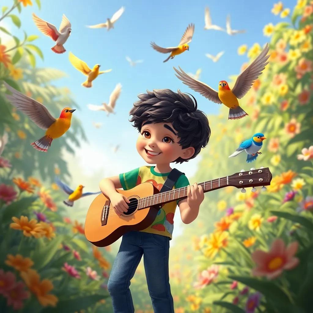 Sami, a young boy with short curly hair in a colorful t-shirt and jeans, surrounded by birds in a lush garden, playing a joyful tune on his guitar, colorful flowers swaying gently, illustration, magical scene, heartwarming