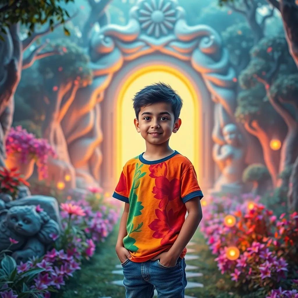 A young Arab boy, Sami, with short black hair, wearing a colorful t-shirt and jeans, standing in a magical garden with a glowing mysterious portal, digital art, vibrant colors, enchanting atmosphere, high quality