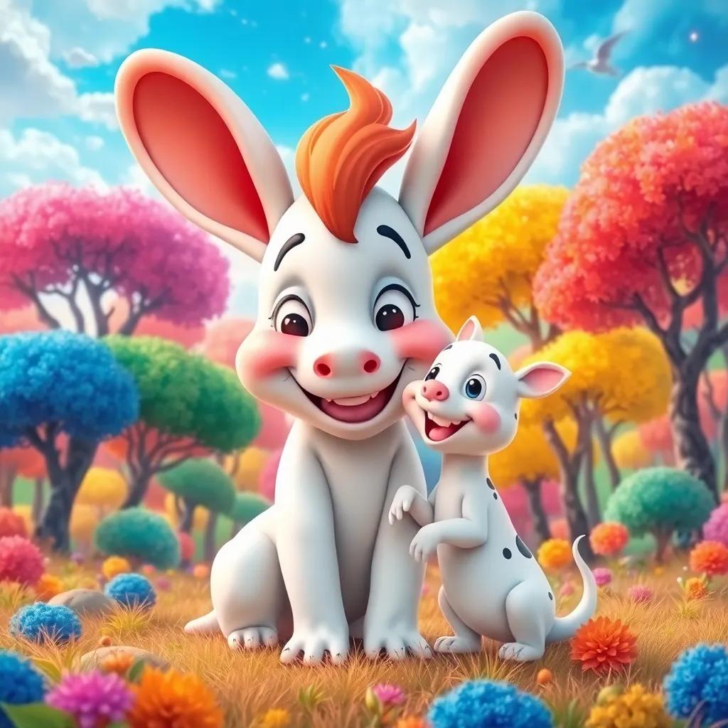 A funny creature named Philo, with big ears and a huge smile, playing with Sami in a colorful forest filled with rainbow trees and a magical sky, illustration, bright and cheerful, playful scene, high quality