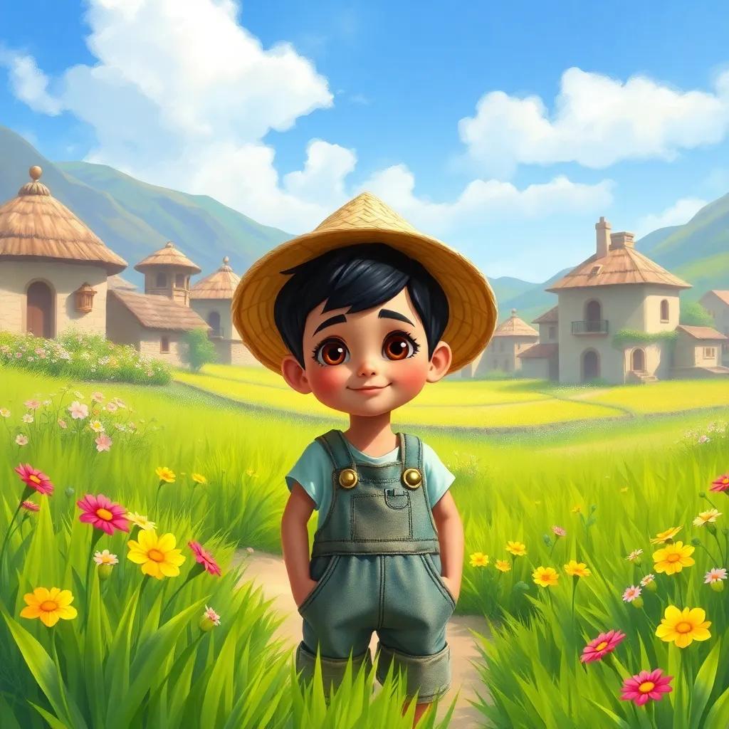 A small, determined boy named Sami, with short black hair, wearing faded overalls and a straw hat, standing in a beautiful village called An-Nour, surrounded by green fields and bright flowers, cheerful atmosphere, digital art, vibrant colors, sunny day, inviting scene, high quality
