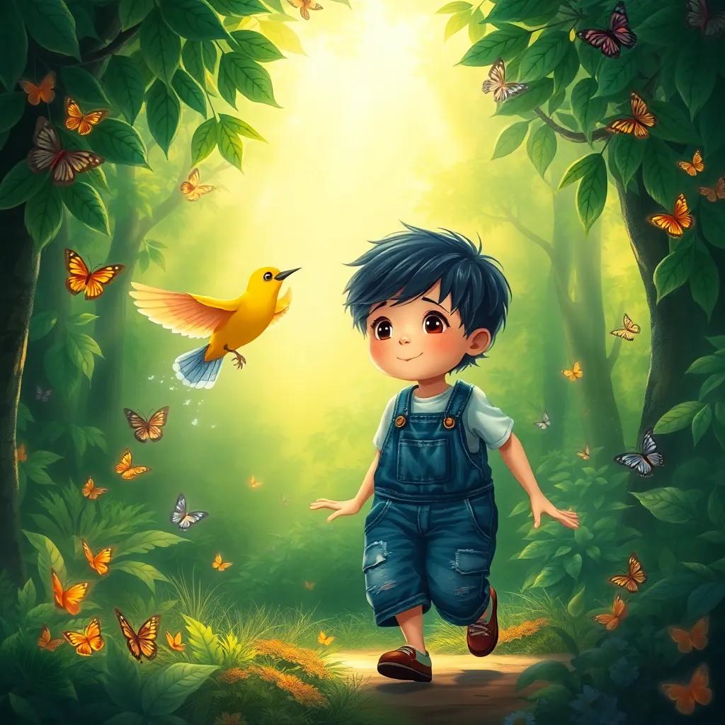 Sami, a small boy with short black hair, wearing faded overalls, following a beautiful singing bird in a lush green forest, enchanting light filtering through the leaves, colorful butterflies flying around, magical atmosphere, illustration, friendly, child-safe, adventurous vibe, high quality