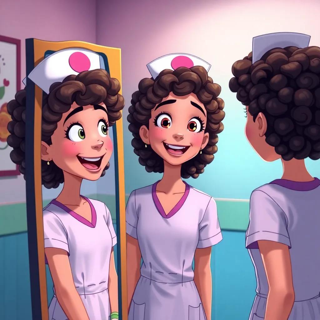 A cheerful young nurse, with curly hair and wearing a simple dress, looking at herself in a mirror with surprise, colorful room, warm light, realization expression, digital art, vibrant details, uplifting mood, high quality