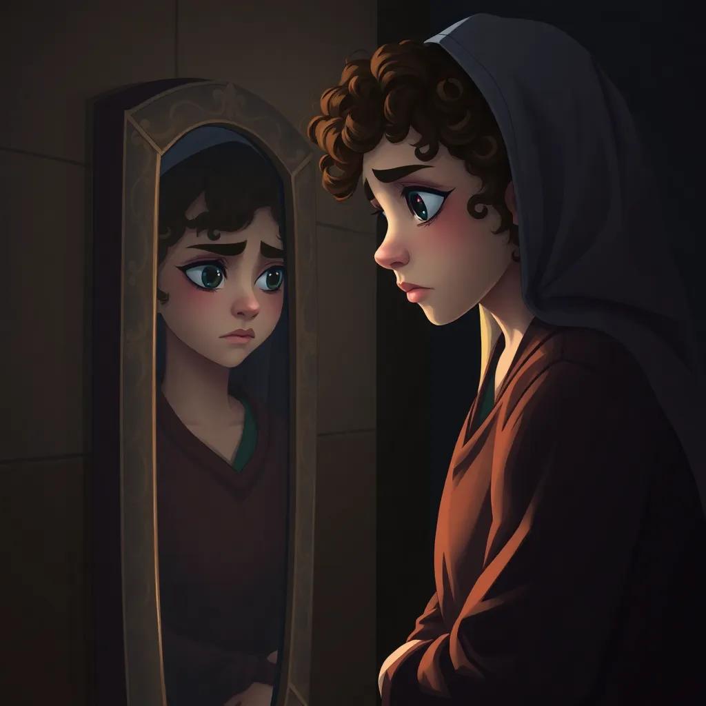A distressed young nurse, with curly hair and wearing a burnt black abaya, looking sorrowful at her reflection in a mirror, somber room, dim light, regretful expression, digital painting, emotional depth, high quality