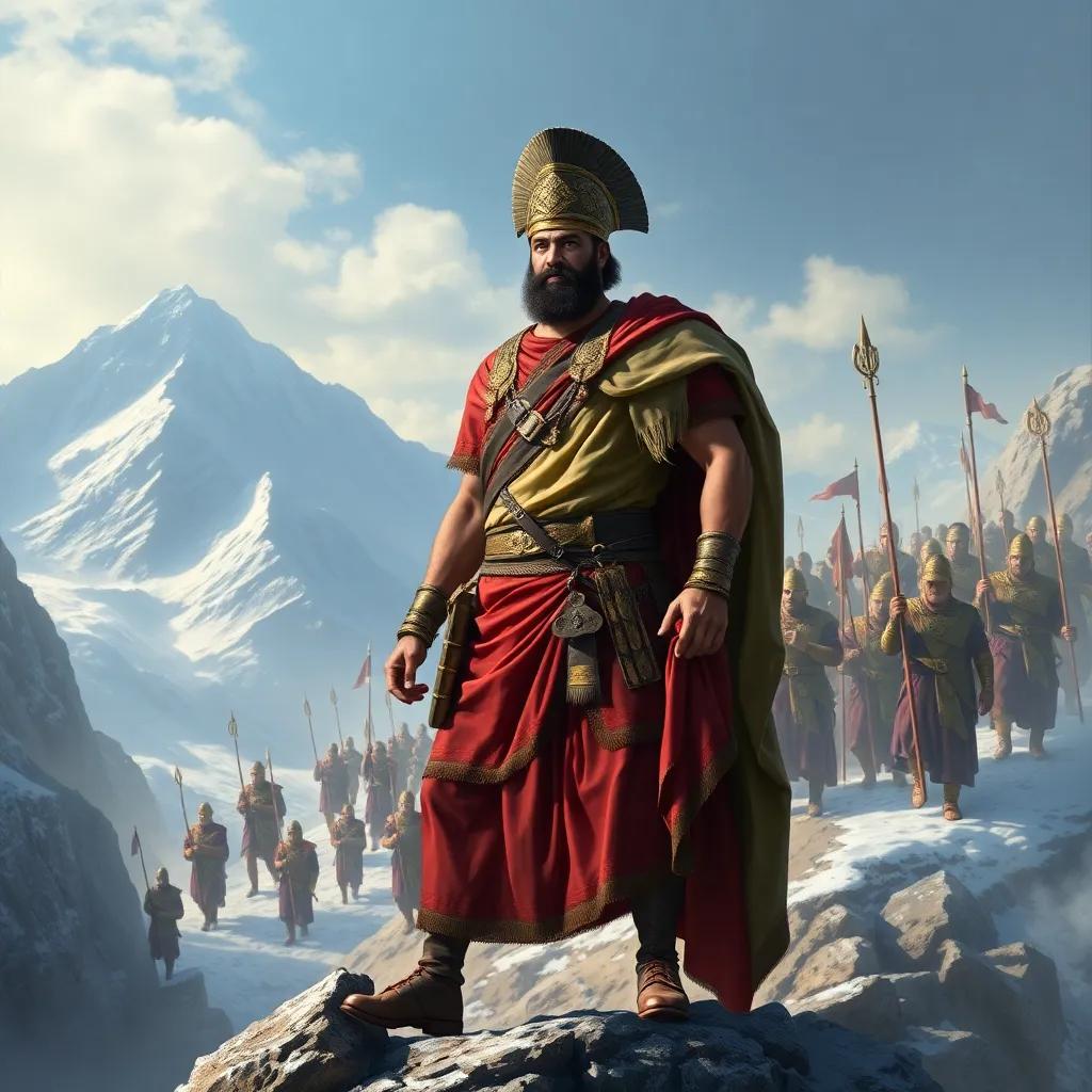 Hannibal Barca, a North African military leader, wearing a traditional tunic with a proud expression, standing on a rocky mountain, leading a strong army through snowy Alps, digital art, majestic scenery, heroic atmosphere, detailed, high quality