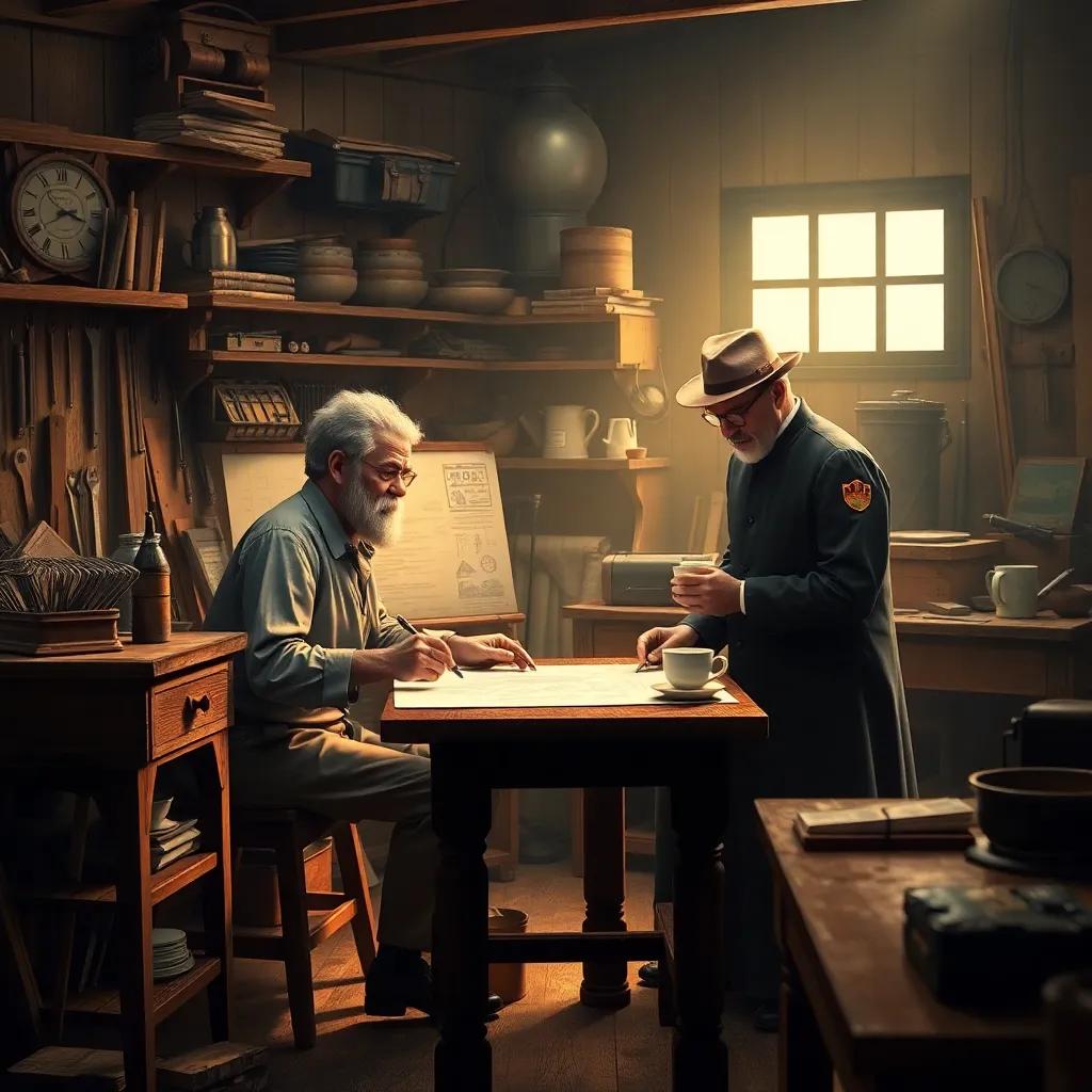 A small workshop filled with tools, Carl Benz is drawing plans on a wooden table, Bertha brings him a cup of coffee, warm light, cozy atmosphere, high quality.