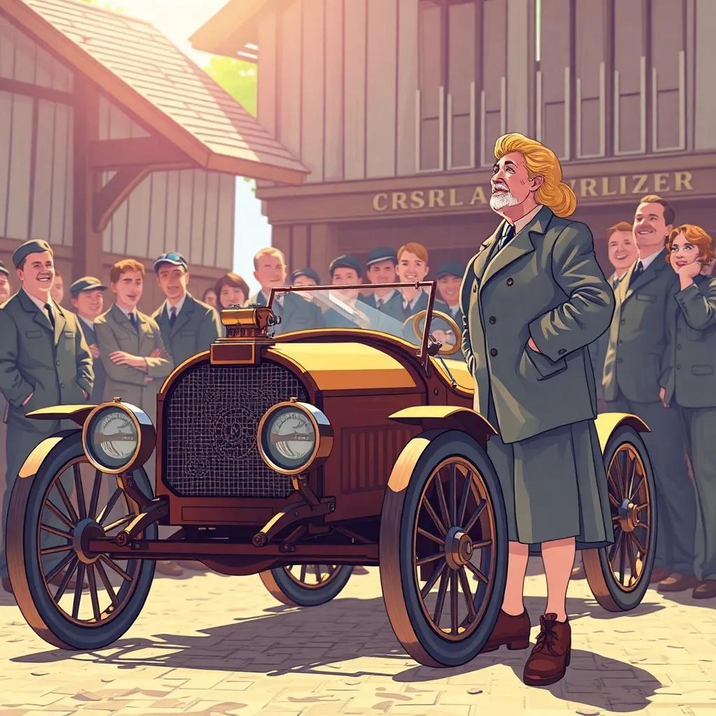 Carl Benz standing next to a wooden car with a small engine, Bertha looks at him passionately, workers observing eagerly, bright daylight, joyful mood, detailed illustration.