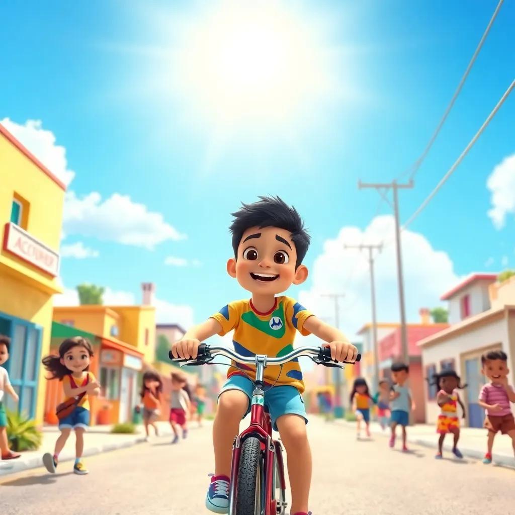 A lively neighborhood with children playing, bright blue sky, vibrant sunlight, detailing Sami as a young Arab boy with short black hair, wearing a colorful t-shirt and shorts, riding a shiny bicycle, full of excitement, digital art, cheerful, dynamic, friendly atmosphere, colorful