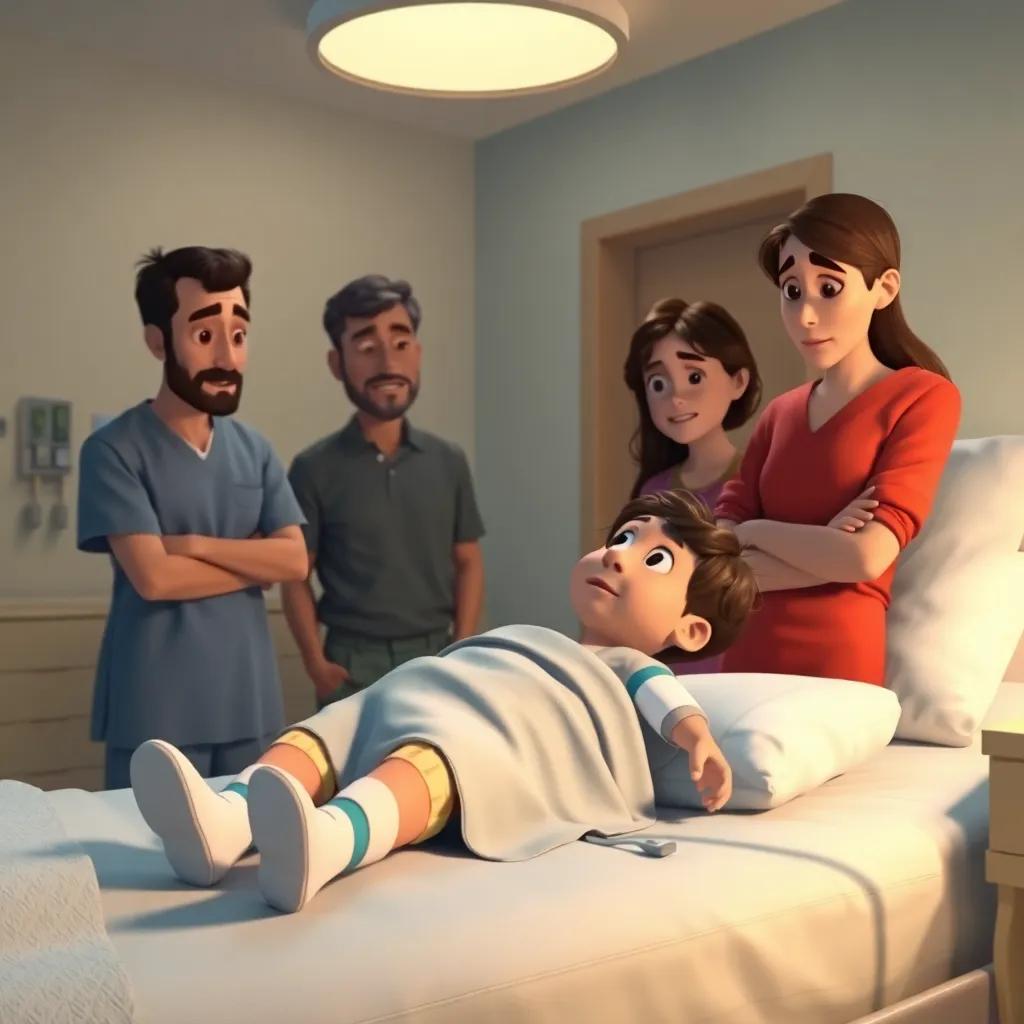 A hospital room with soft lighting, Sami lying on the bed with arm and leg bandages, looking at his worried parents who are standing by the bedside, expressing concern, emotional atmosphere, gentle colors, heartwarming scene, realistic