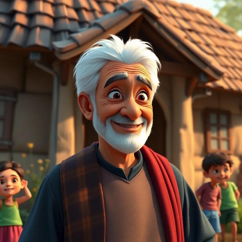 A kind old man, Hassan, with white hair and a gentle smile, standing in front of his house, looking concerned as children play outside, detailed digital art, warm colors, caring atmosphere, high quality