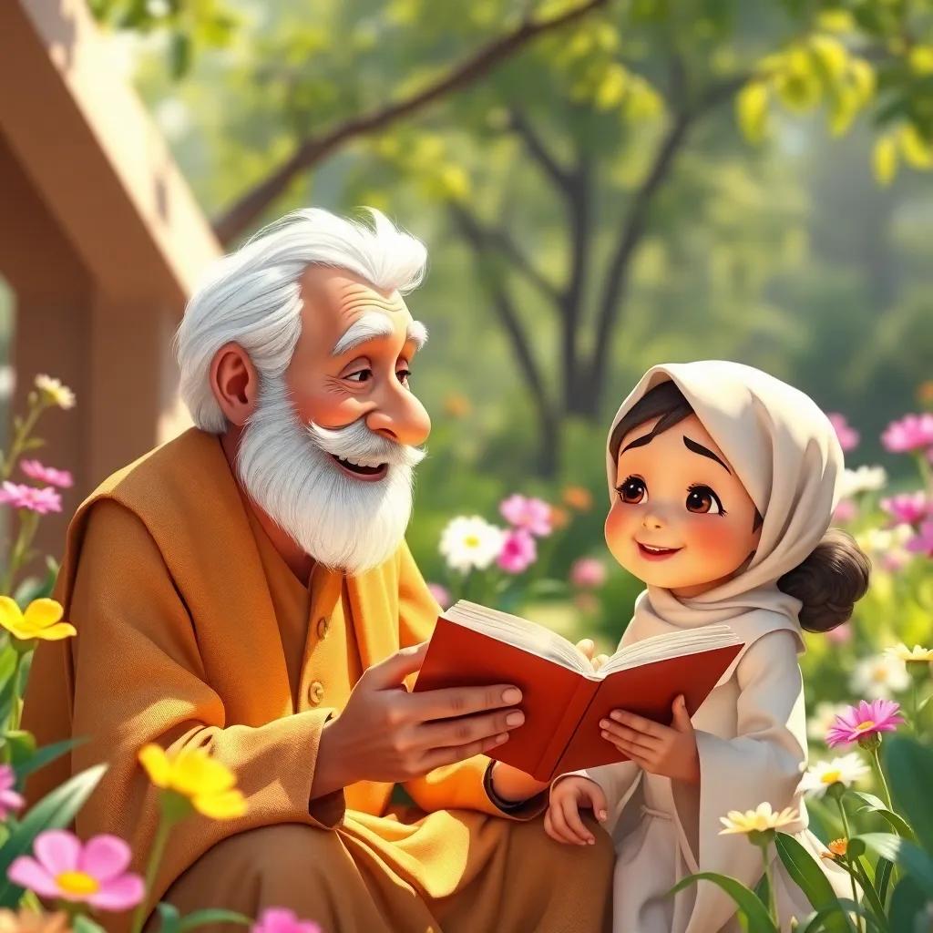 Hassan, a kind old man with white hair and a gentle smile, sharing a heartfelt story with a little girl, Layla, in a sunny garden filled with flowers and greenery, bright and colorful, cheerful vibe, storytelling scene, high quality