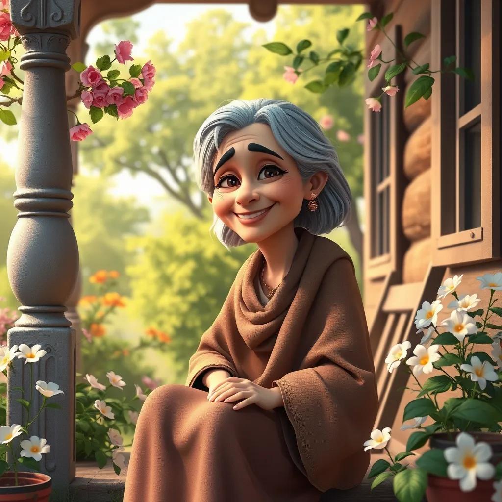 A wise old woman, Leila, with gray hair wearing a simple dress and a shawl, sitting on her porch smiling gently, surrounded by blooming flowers and green trees, digital art, warm colors, inviting atmosphere, high quality