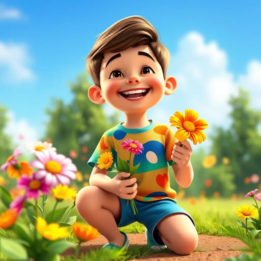 A joyful young boy, Sami, with short brown hair wearing a colorful t-shirt and shorts, kneeling in a garden, holding colorful flowers, bright day with blue skies, cheerful vibe, digital illustration, vibrant colors, high quality