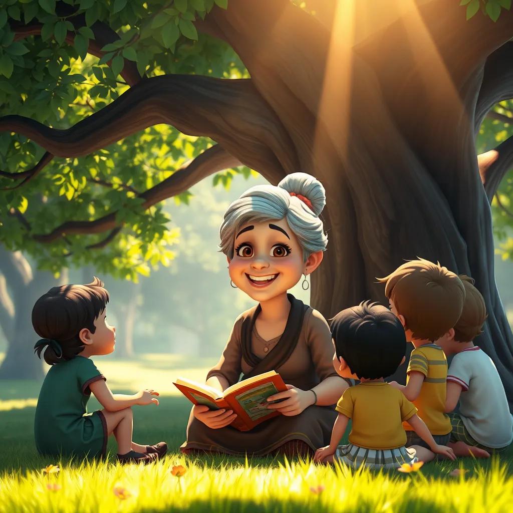 An old woman, Leila, with gray hair in a bun wearing a simple dress, smiling brightly at a group of children gathered under a big tree, telling stories, warm sunlight filtering through leaves, friendly atmosphere, digital art, detailed, colorful