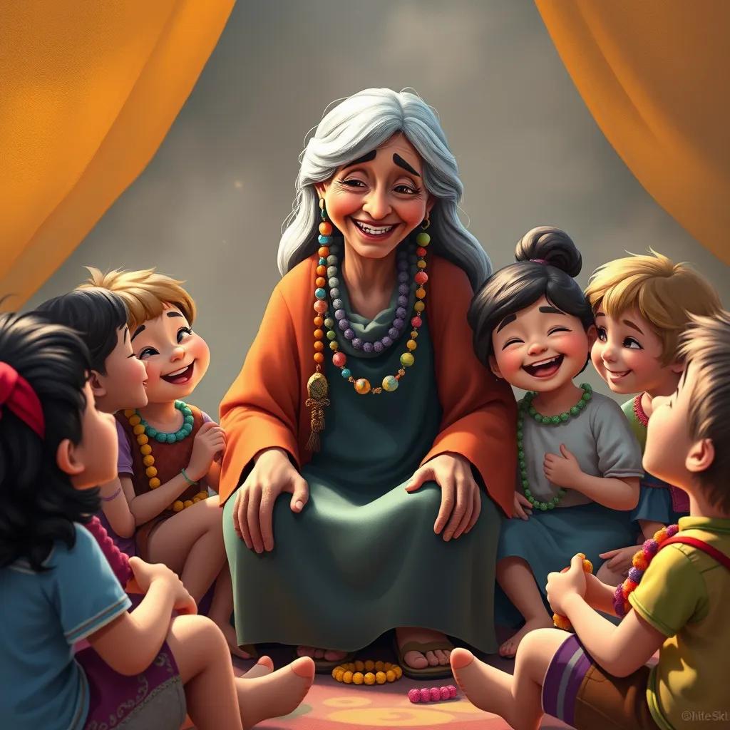 A wise old woman, Leila, with gray hair and simple dress, sitting in a circle with children, each holding colorful beads, laughing and sharing stories, magical scene, bright colors, digital painting, happy and heartwarming