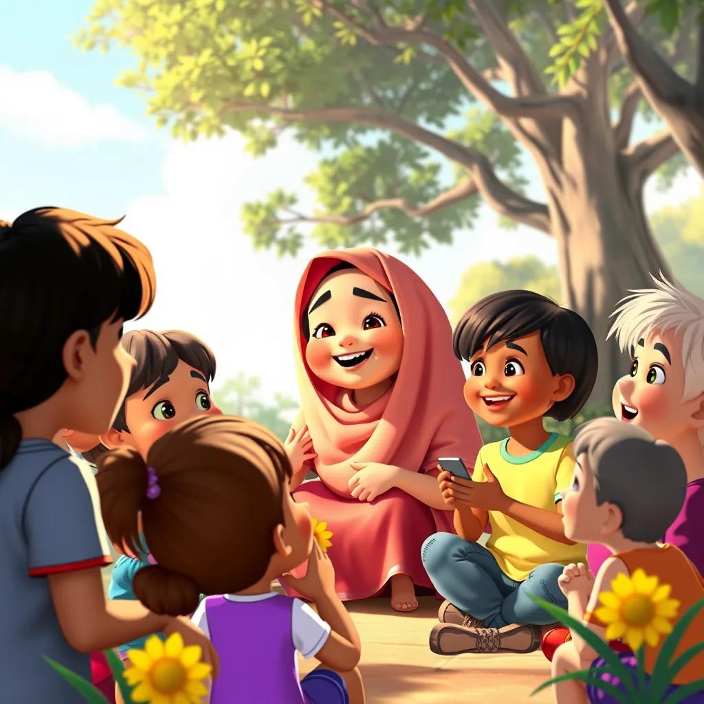 A happy gathering of children listening to Leila, with bright expressions, a soft sunny day, surrounded by nature, the setting is cheerful and vibrant, digital art, inviting scene, high quality
