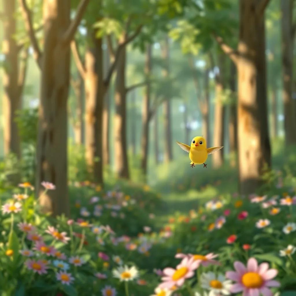 A little bird, a small yellow sparrow, flying in a beautiful green forest, surrounded by tall trees and colorful flowers, cheerful atmosphere, sunny day