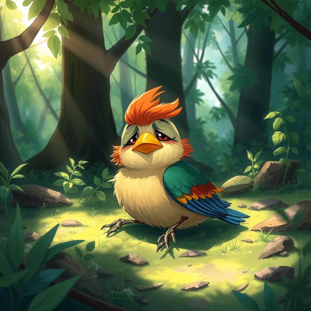 A small injured bird, named Tair, with vibrant feathers and a sad expression, resting on the ground in a lush green forest, sunlight filtering through trees, digital art, vivid colors, emotional atmosphere, detailed