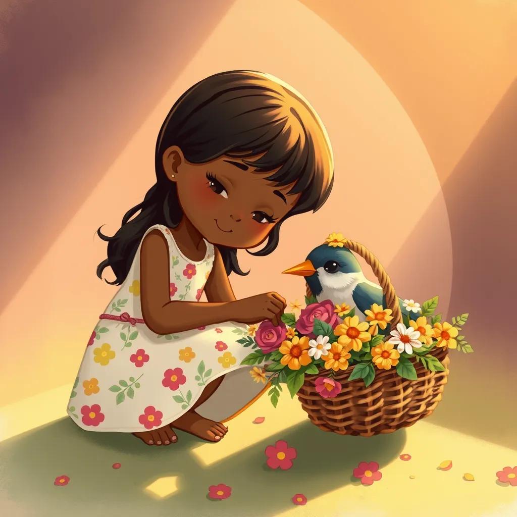 A young girl with olive skin, wearing a floral dress, crouched next to the injured bird with a basket of colorful flowers, showing kindness and care, illustrated scene, warm light, friendly vibe, soft focus