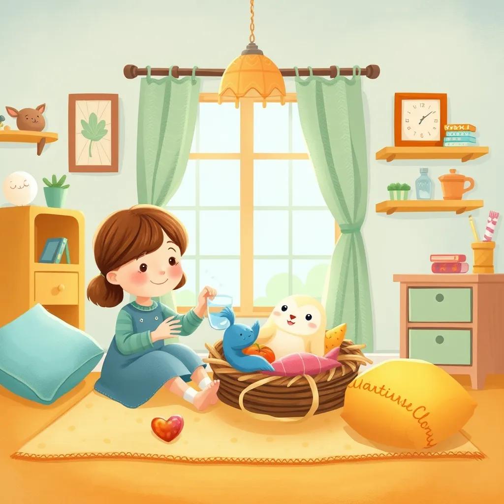 The girl at home with Tair, setting up a cozy nest with soft materials, while offering water and food, bright and cheerful room decor, warm colors, inviting atmosphere, heartwarming depiction
