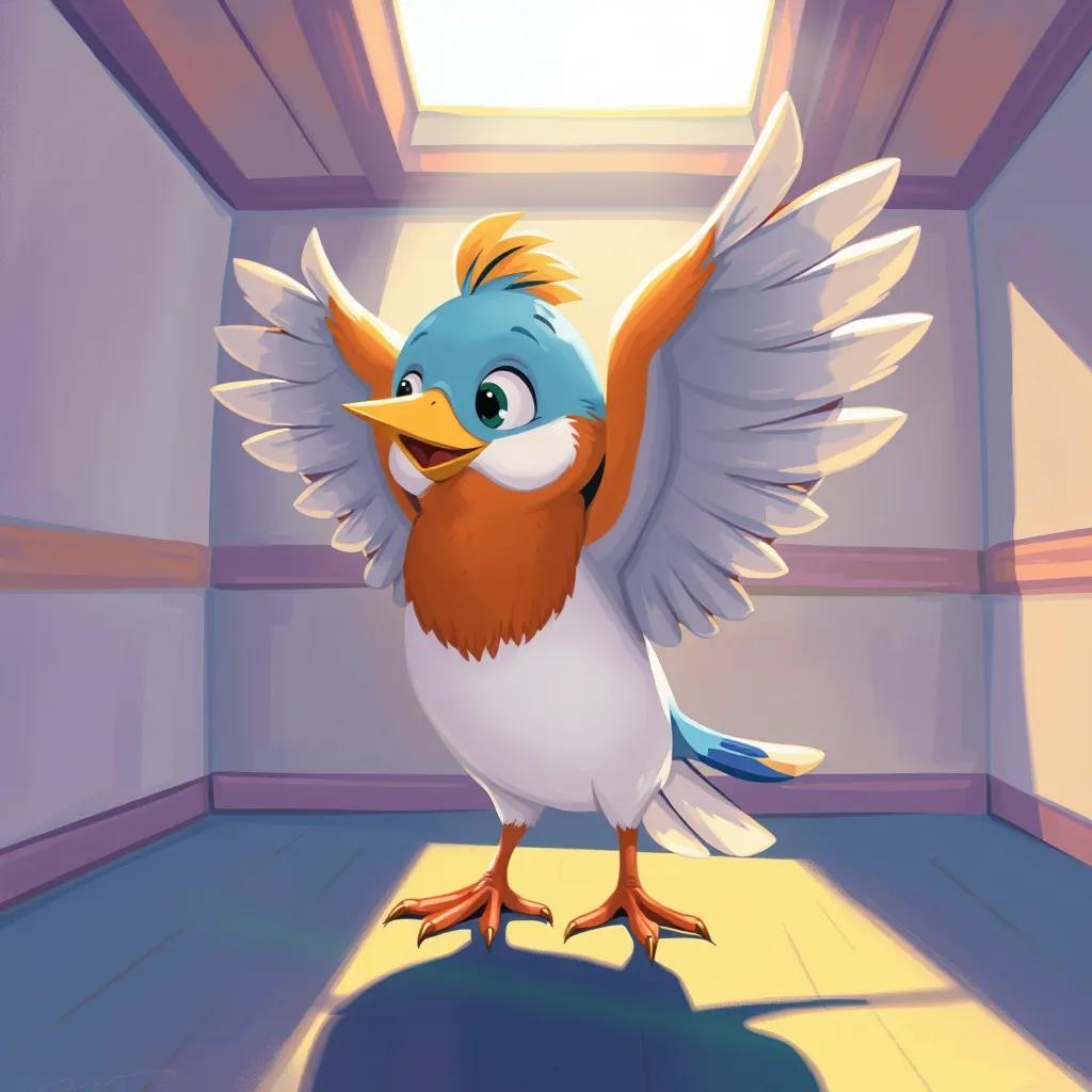 Tair, the injured bird, starting to flap his wings in a bright room with sunlight coming in, showing signs of recovery and hope, digital painting, uplifting, vibrant colors, positive mood