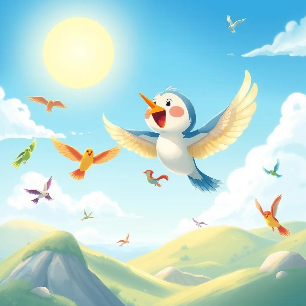 Tair flying in a clear blue sky, joyful and free, surrounded by other colorful birds, sunlight shining brightly, symbolizing freedom and happiness, beautiful landscape, cheerful vibe, dynamic angle