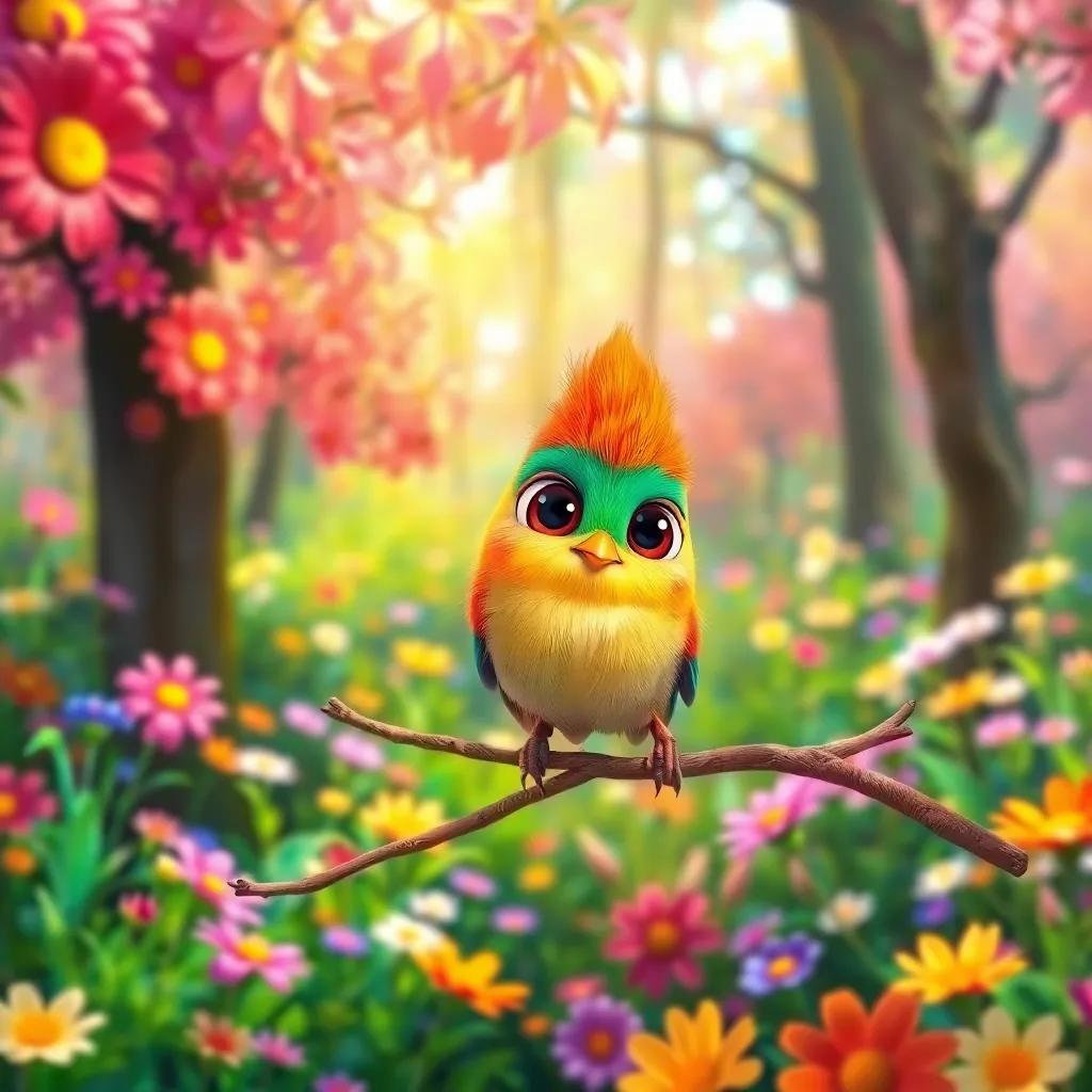 A small bird named Toot, with bright feathers and big eyes, perched on a branch in a beautiful, vibrant forest filled with colorful flowers and sunlight, digital art, cheerful, inviting atmosphere, high quality