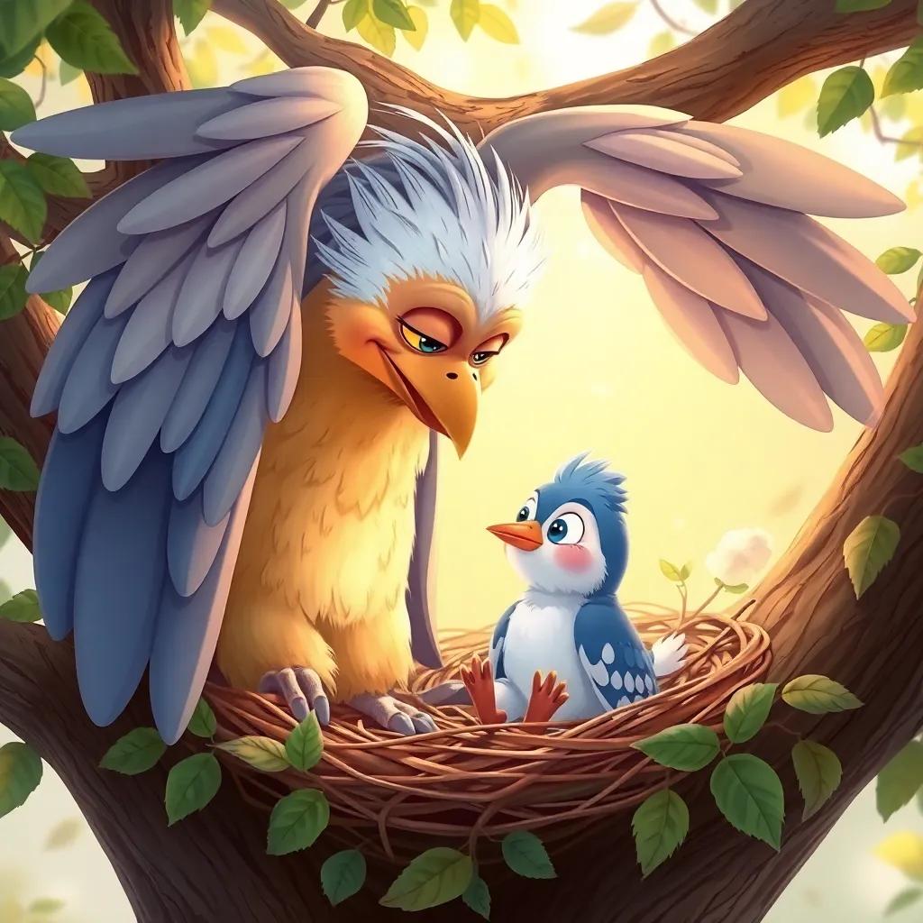 An elderly bird with majestic wings and wise eyes, smiling down at Toot, sitting in a cozy tree nest surrounded by leaves and soft light, illustration, warm colors, friendly interaction, heartwarming