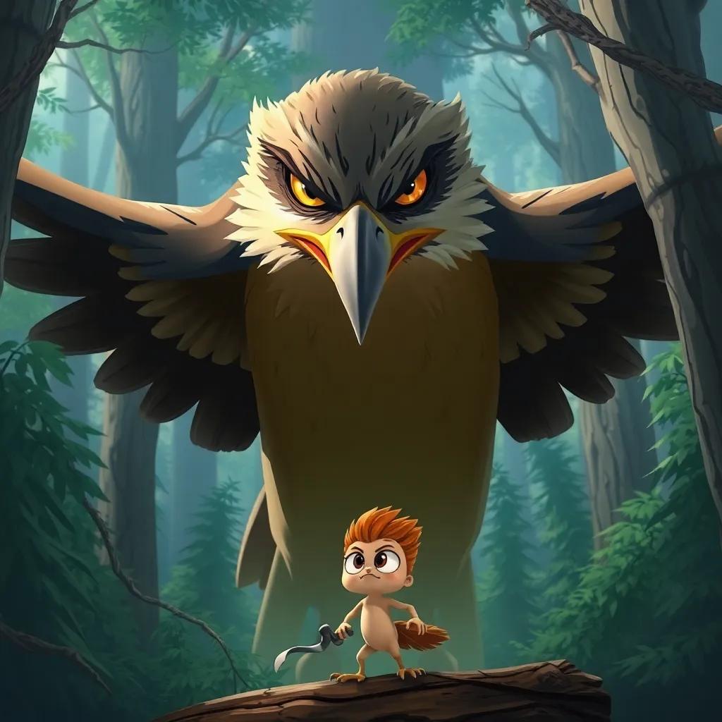 A bold, fierce hawk with sharp eyes, looming in the forest, while Toot stands bravely below, showing determination and cleverness, illustration, dramatic, tense atmosphere, high quality