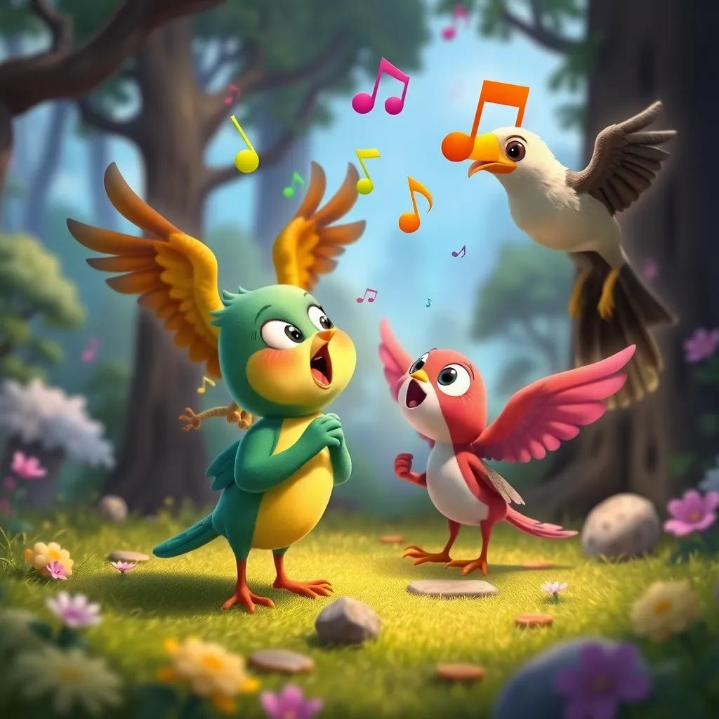 A whimsical scene of Toot singing sweetly to distract the hawk, colorful musical notes floating in the air, surrounded by enchanted forest scenery, vibrant colors, playful, fantasy