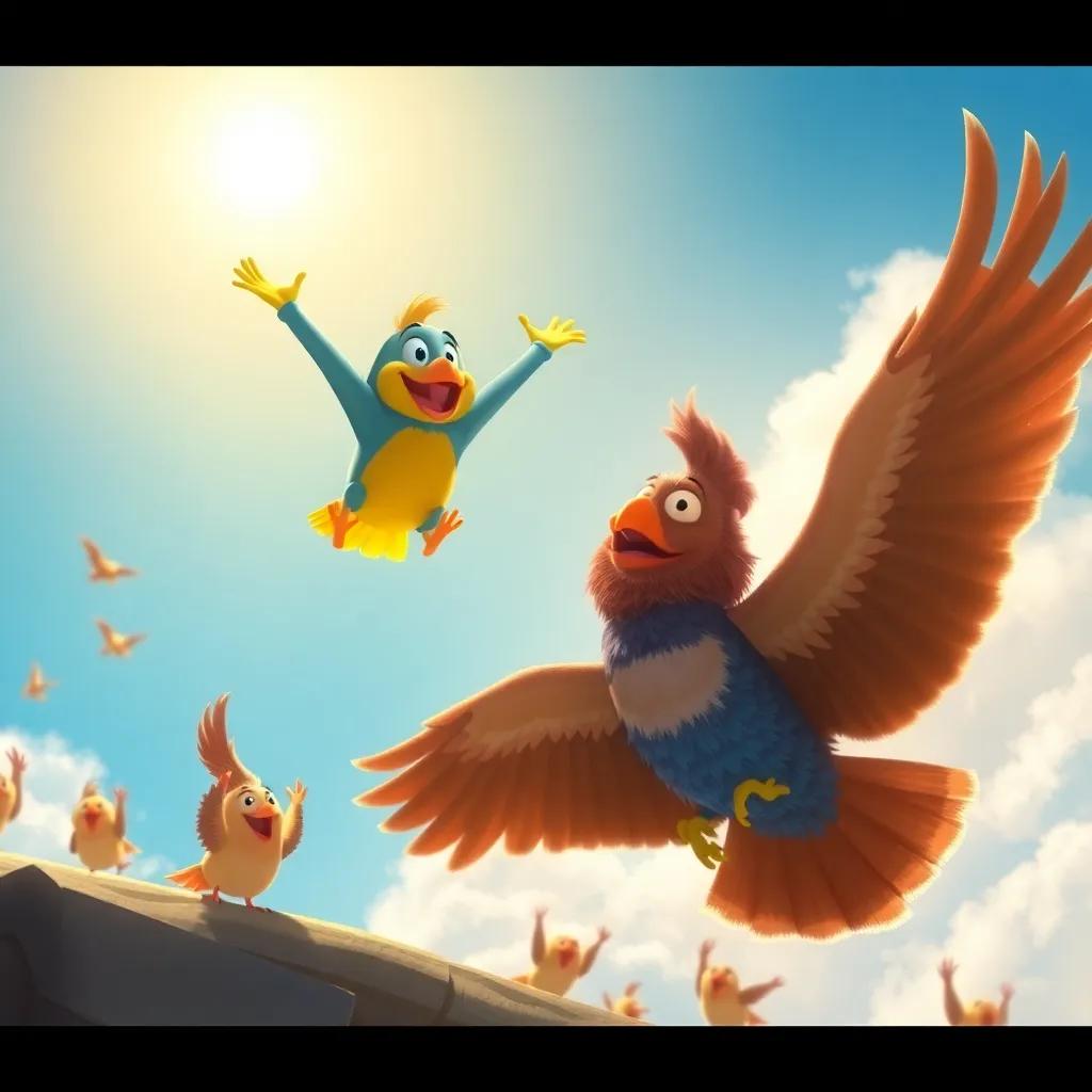 Toot soaring high in the sky, celebrating his victory over the hawk, with happy birds cheering in the background, under a bright blue sky and golden sunlight, digital painting, joyful, uplifting