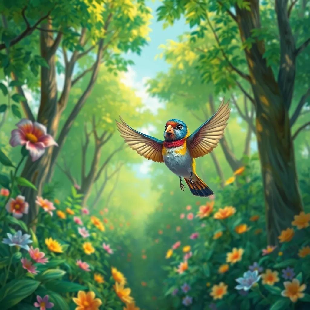 A small colorful bird, Zain, flying joyfully in a vibrant green forest, with trees and flowers all around, cheerful atmosphere, digital art, bright colors, lively perspective, high quality