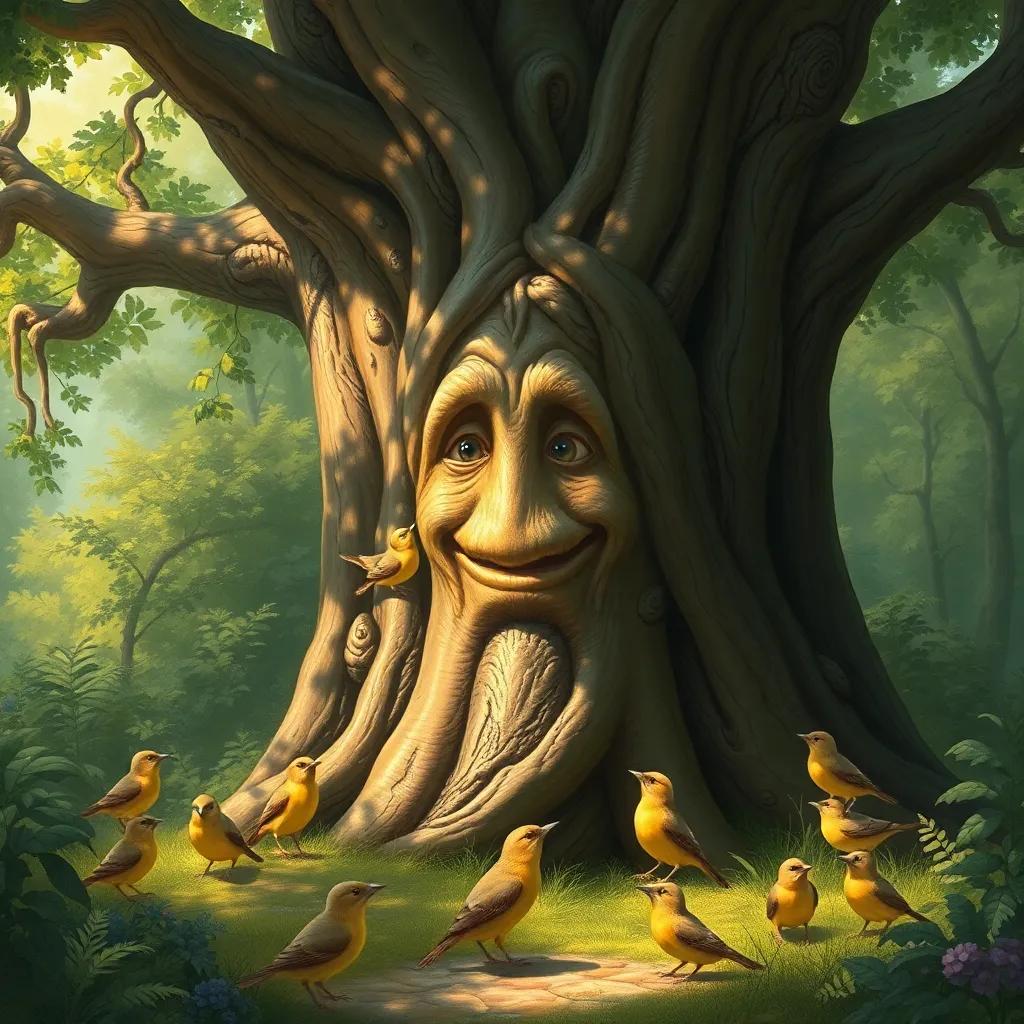 A big old talking tree with a friendly face, surrounded by curious little birds gathered around, in a sunny forest filled with lush greenery, warm light, enchanting scene, high quality
