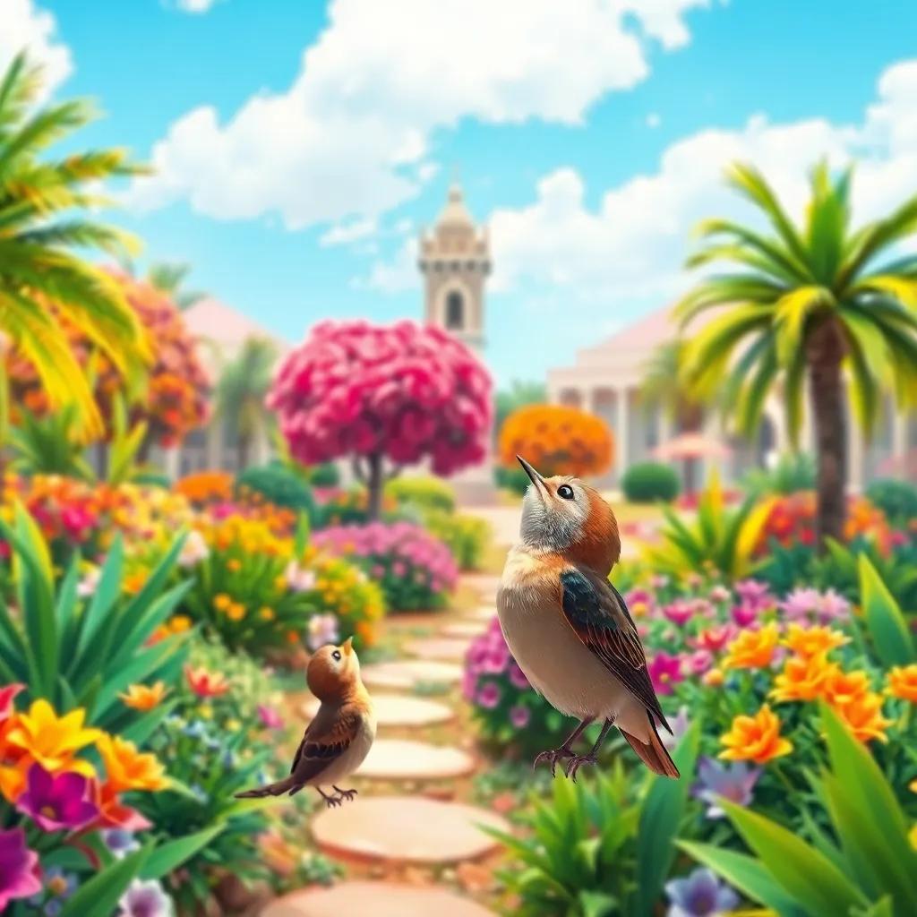 A beautiful garden in Oman with colorful flowers and trees, a small bird looking up at the sky, feeling bored and wishing to fly, digital painting, vibrant colors, cheerful atmosphere, high quality