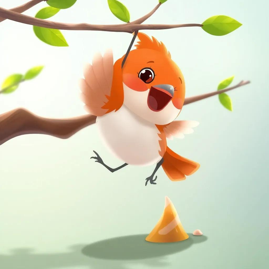 A small bird trying to fly from a branch, flapping its tiny wings in a hurry, suddenly falling down to the ground, illustration, playful and bright colors, child-friendly, high quality