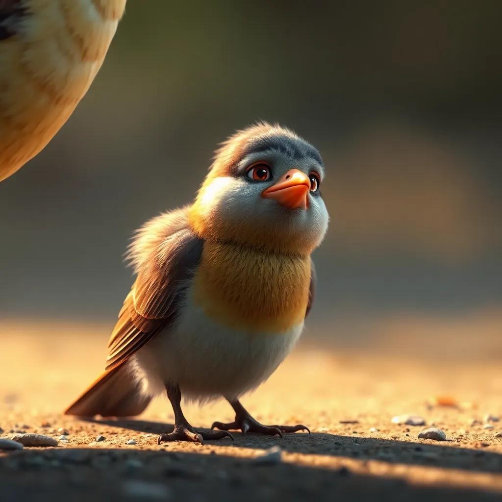 The bird feeling embarrassed on the ground, looking up at its mother who is approaching, a concerned expression on its face, digital art, warm light, gentle colors, high quality