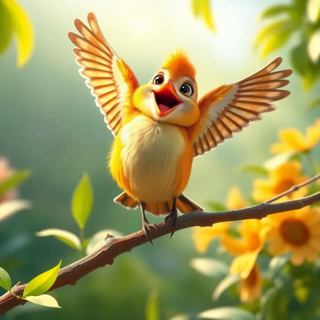 The little bird training on a branch, flapping its wings with determination, feeling proud and excited, beautiful garden scene, bright light, hopeful atmosphere, high quality