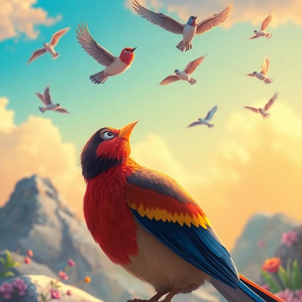 The bird looking up at the other birds flying in the sky, feeling motivated to try again, illustration, colorful surroundings, feeling inspired, high quality