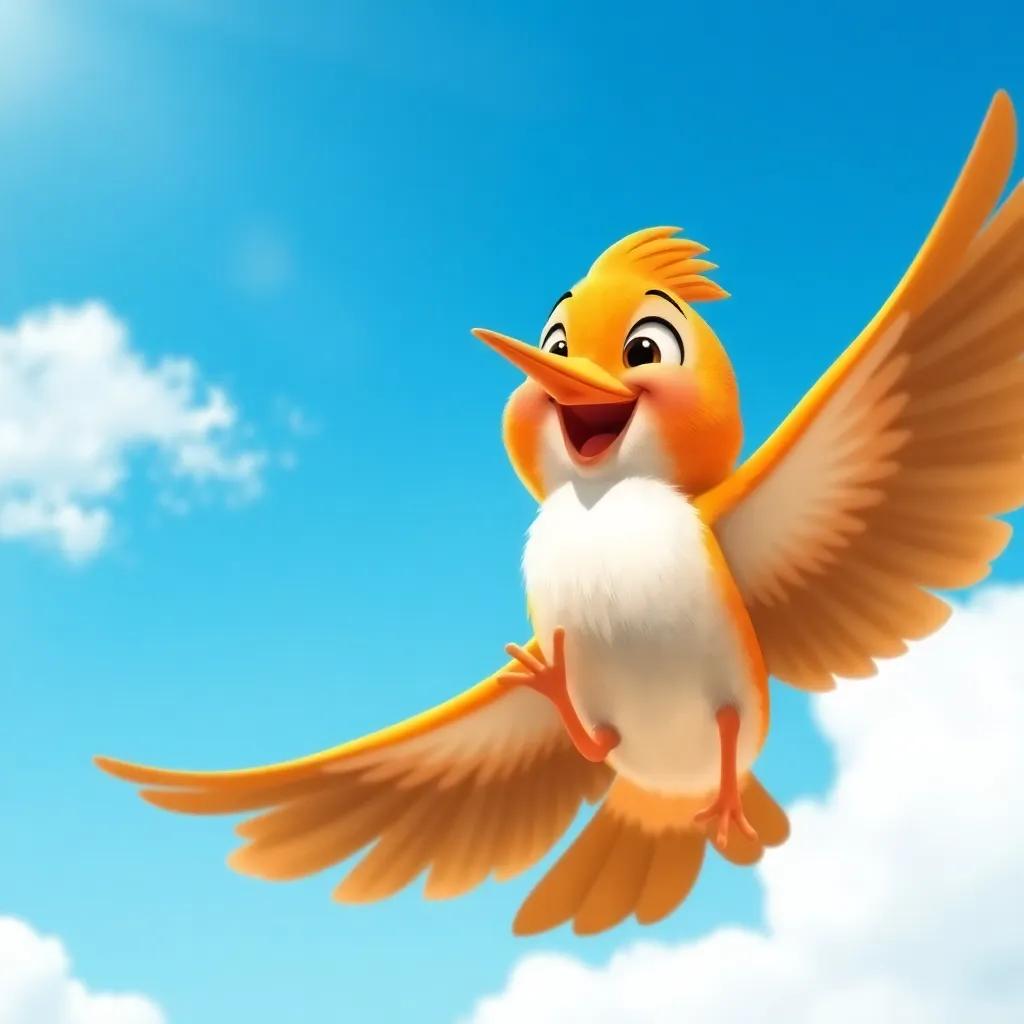 A sunny day with the little bird confidently flying in the sky, wings spread wide, joyful expression, vibrant blue sky, uplifting and bright colors, high quality