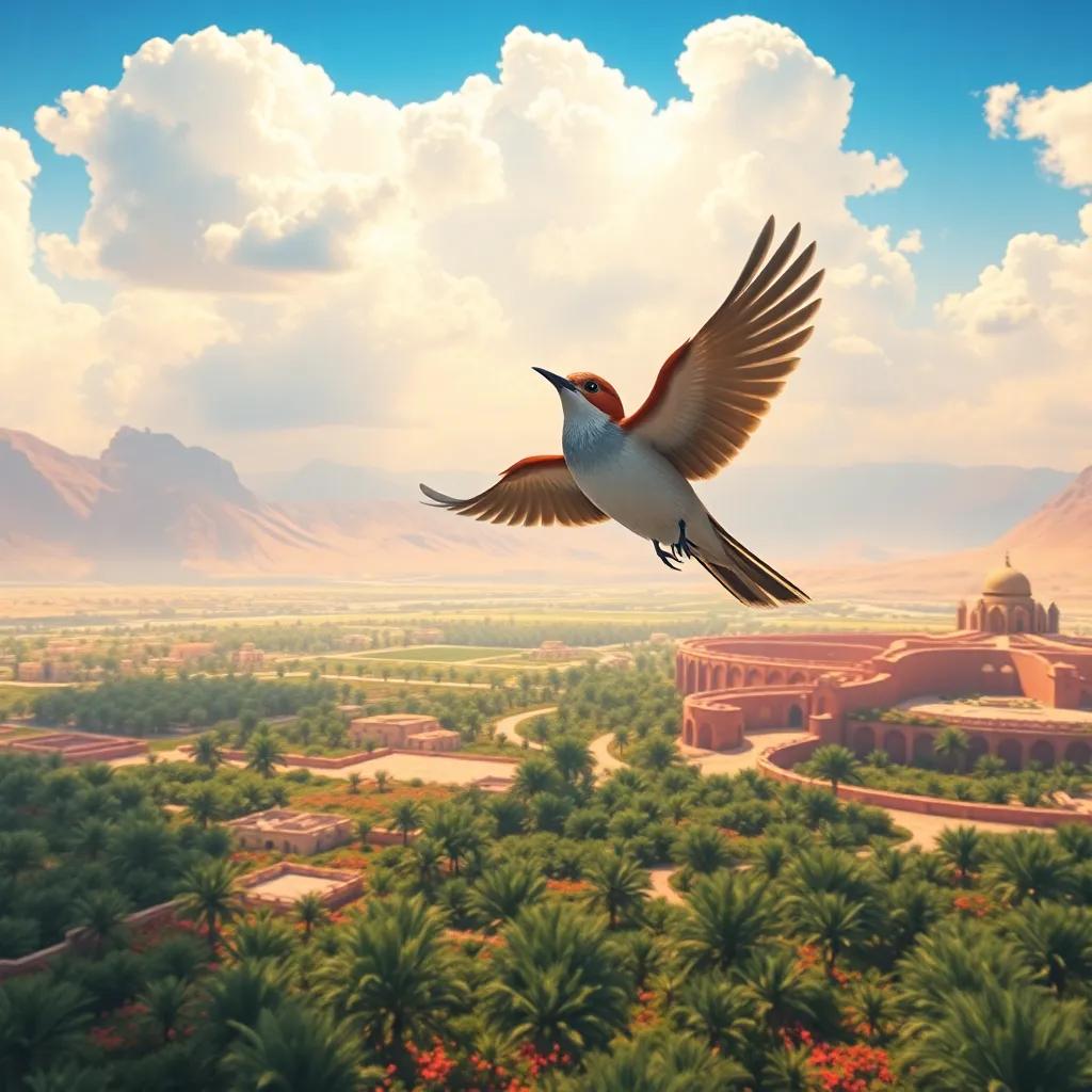 The little bird soaring high in the sky, with the beautiful gardens of Oman below, feeling a sense of freedom and happiness, digital painting, expansive view, stunning colors, high quality