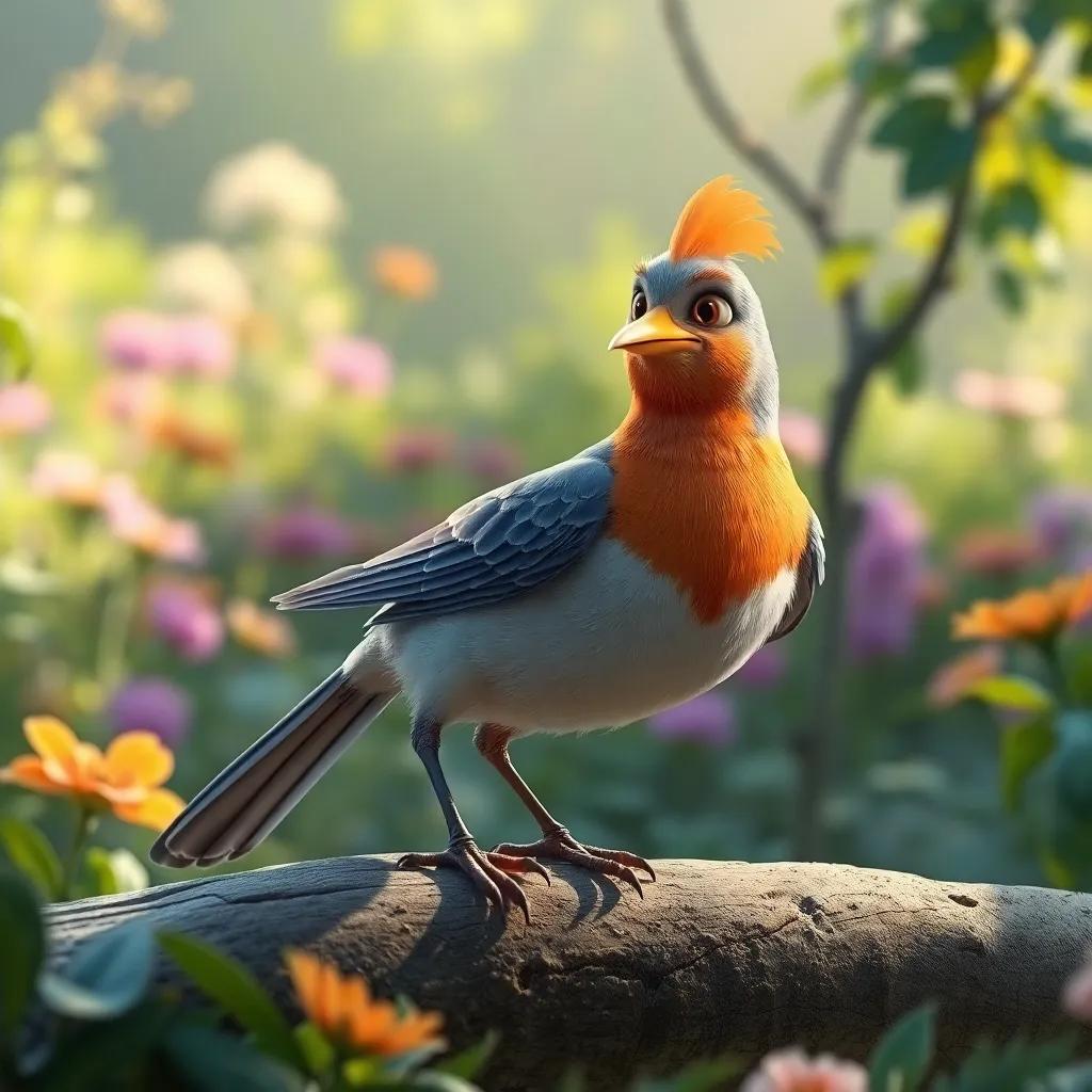 The bird reflecting on its journey, understanding the value of patience and gradual learning, with a peaceful garden in the background, digital art, calm and reflective atmosphere, high quality