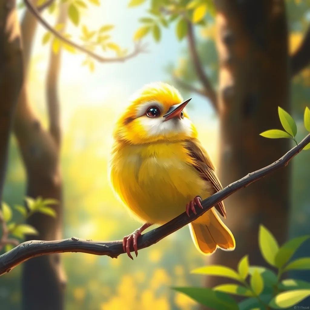 A small bird named Tutu, a cheerful little bird with bright yellow feathers, perched on a branch in a sunny forest, looking excited, digital art, vibrant colors, warm and cheerful atmosphere, high quality