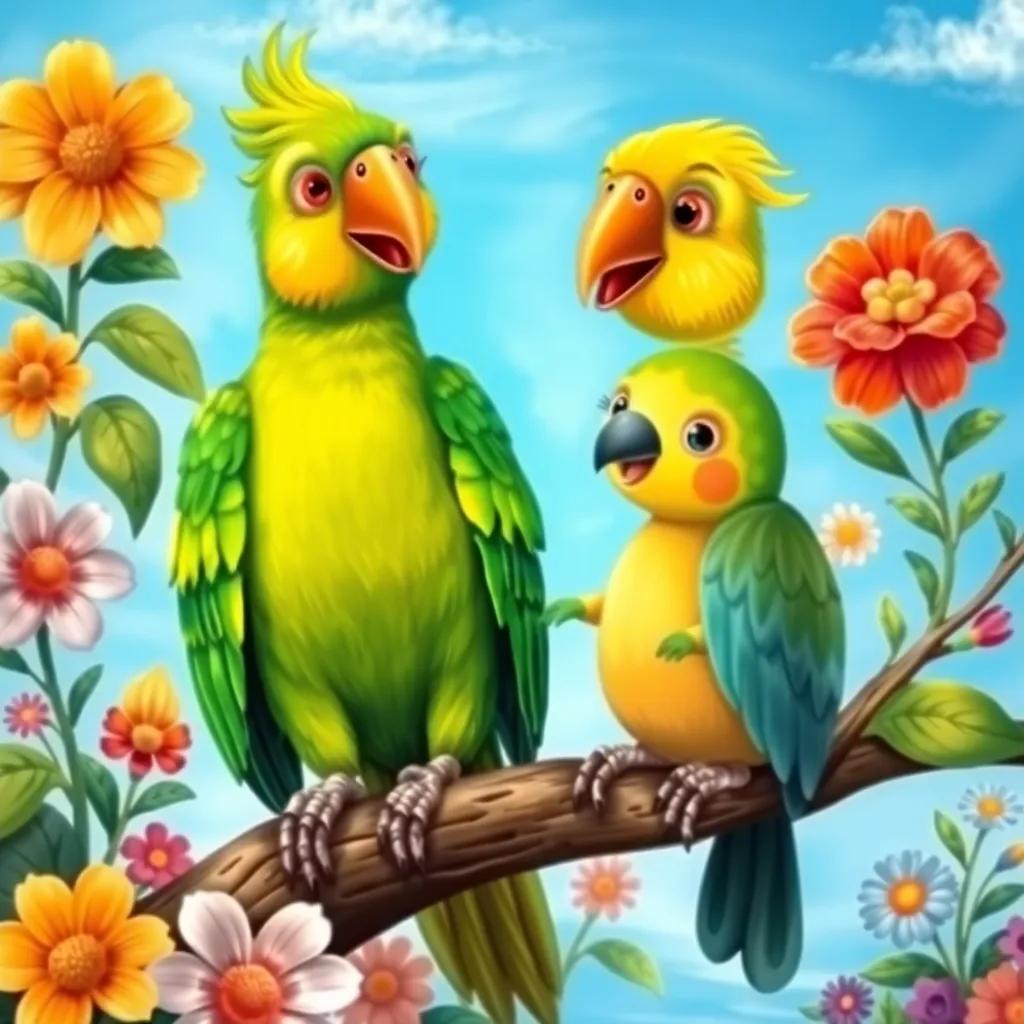 A wise old parrot named Buba, with bright green feathers and a friendly smile, sitting on a branch teaching Tutu, surrounded by colorful flowers and blue sky, illustration, colorful, joyful learning scene, child-friendly
