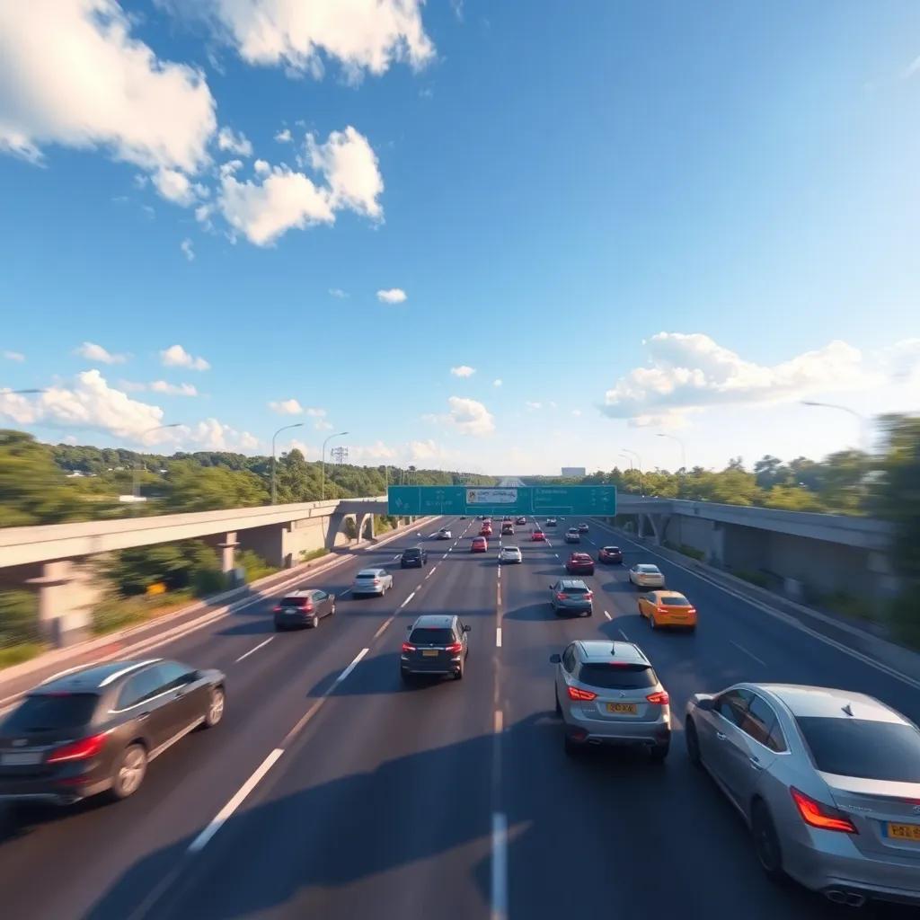 A wide view of a busy highway with fast-moving cars under a clear blue sky, digital art, vibrant colors, inviting atmosphere, high quality