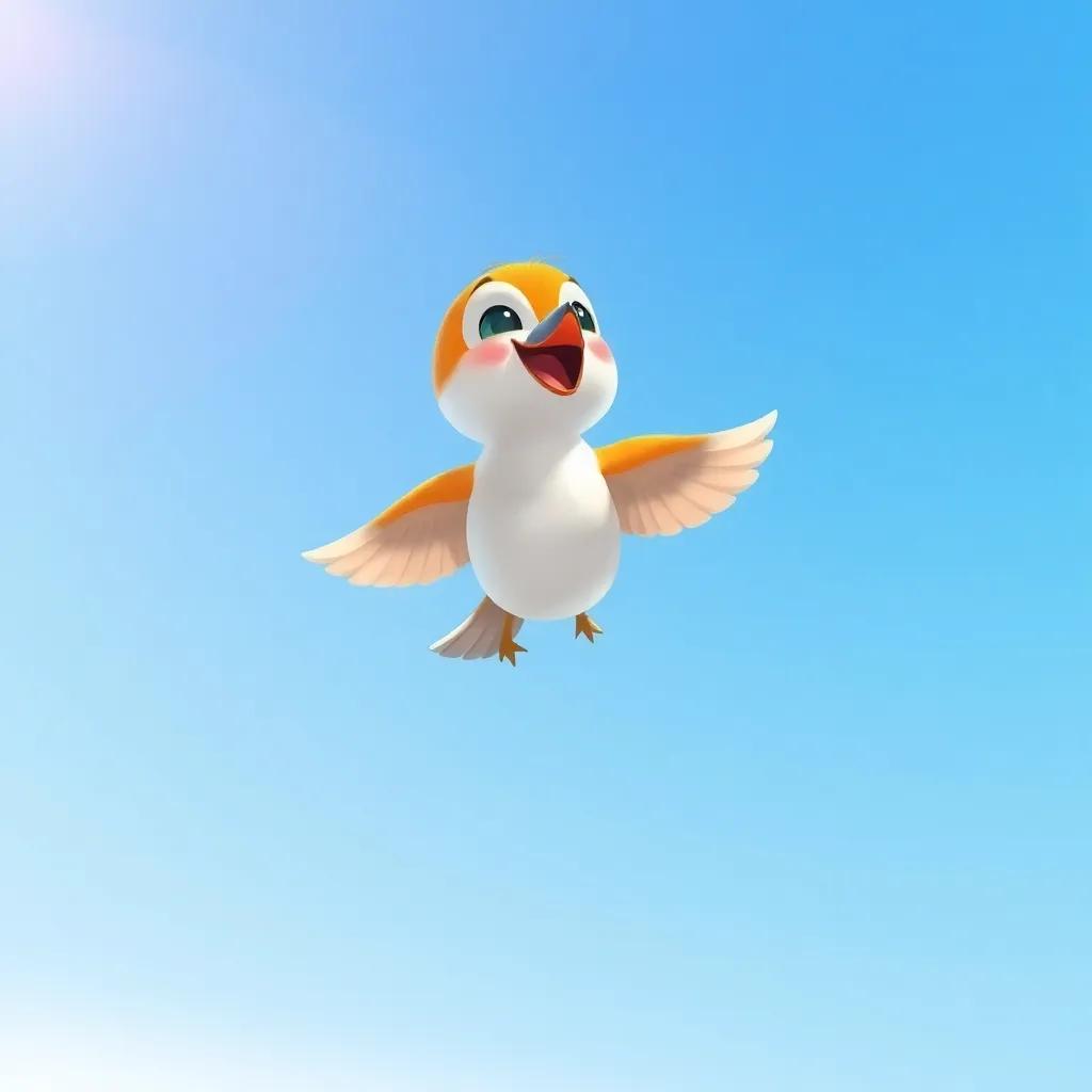A small bird flying happily in the clear blue sky, lively illustration, cheerful colors, capturing the essence of freedom, high quality