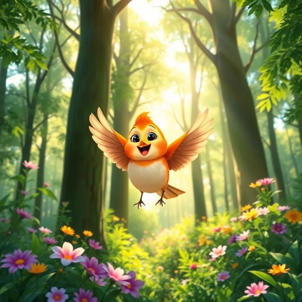 A small bird, cheerful and colorful, flapping its wings in a beautiful green forest with tall trees and vibrant flowers, sunlight streaming through the leaves, bright and lively