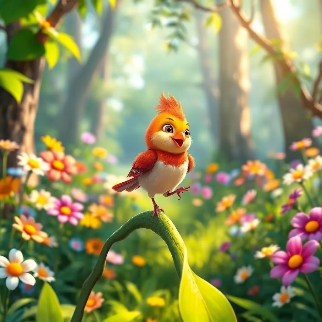 A small bird, Farfour, with bright feathers, happily hopping on a green branch in a beautiful forest, surrounded by colorful flowers and sunshine, digital art, cheerful, vibrant colors, playful atmosphere, high quality
