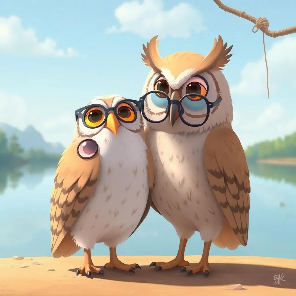 A wise owl, Hakim, with soft feathers and big glasses, standing next to Farfour who is trapped in a net, in a serene setting by a distant lake, illustration, calm, gentle colors, educational scene, child-friendly