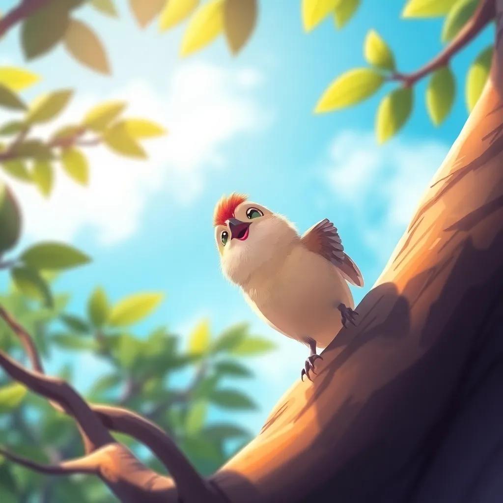 A small bird looking excited while playing in a tree, with a bright blue sky in the background, child-friendly illustration, colorful, warm light, joyful atmosphere, high quality